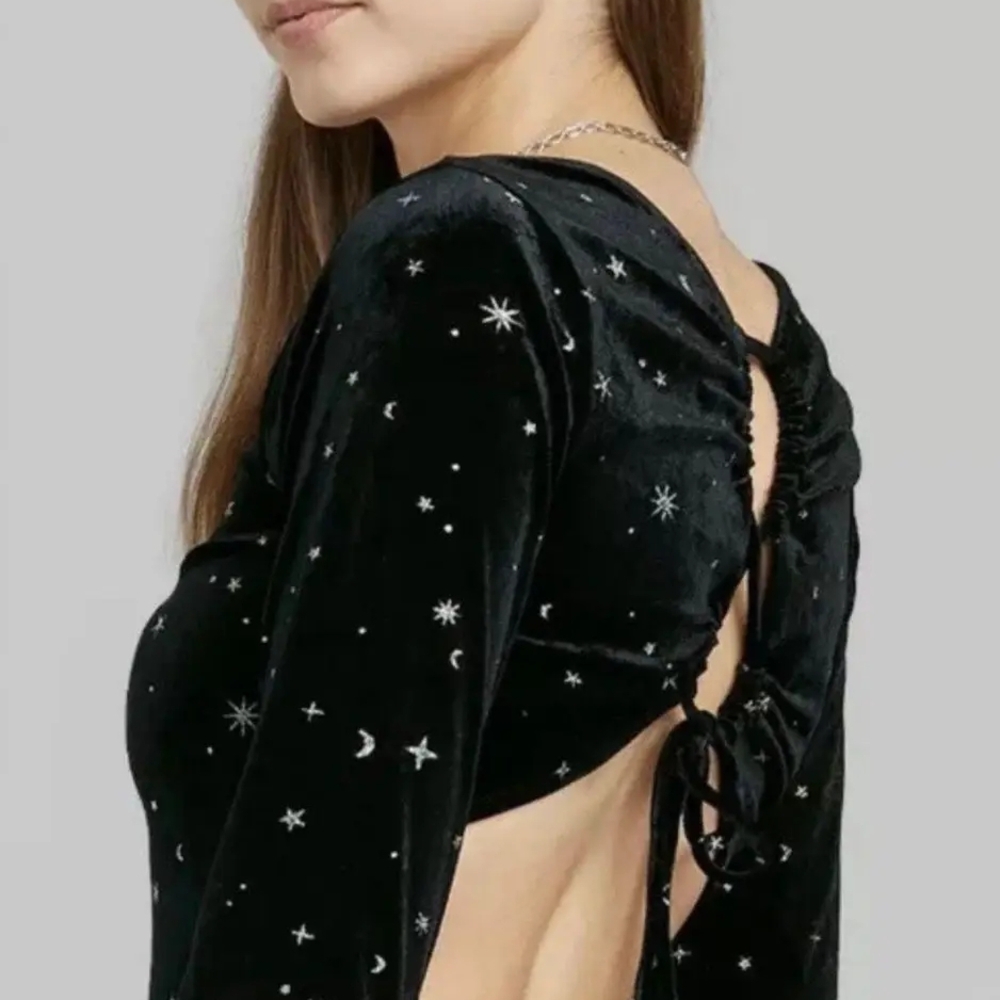 Whimsigoth Open Back Celestial Velvet Bodysuit in Midnight Black - Picture 2 of 8